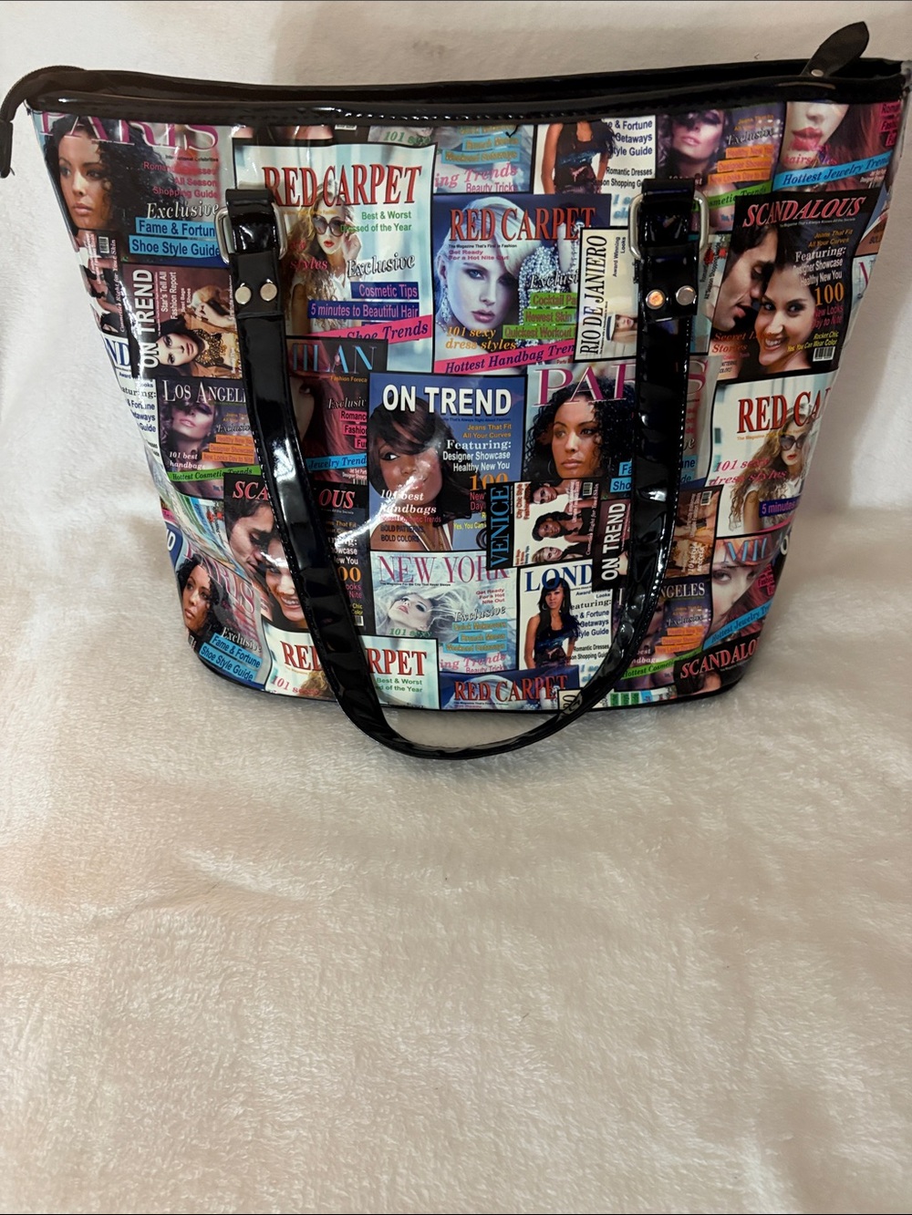 Magazine Print Tote Bag with Black Patent Handles